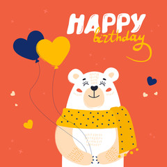 Satisfied little bear holds a heart ballons. Happy birthday postcard