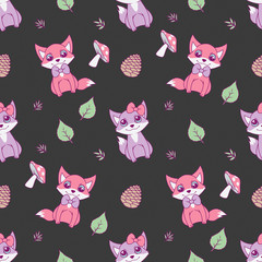 Cute seamless animal pattern for children designs with pastel pink and violet foxes, leaves and mushrooms on dark black background