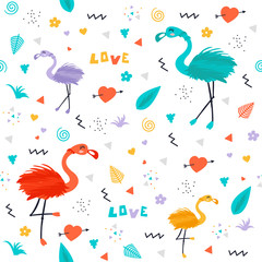 Cute colorful pattern with flamingos. The gentle and light pattern on white background