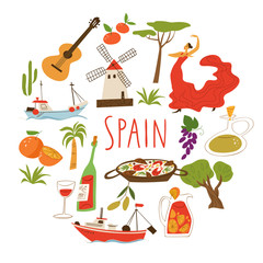 Nine vector symbols of Spain. Culture, food, ship  and archtecture. 