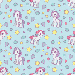 Seamless pattern with cute cartoon unicorns, hearts, stars and diamonds on light blue background