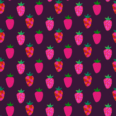 Strawberry summer textured seamless pattern on pink font