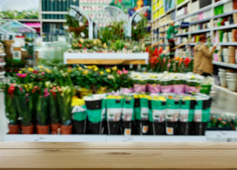 Shop of garden flowers. In the foreground is the top of a wooden table, counter.