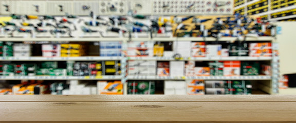 Shop for selling electric tools. Drills, screwdrivers, electric saws, grinder. Defocused, blurred...