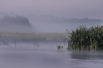 Fog at dusk on the river in the early morning