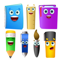 Cartoon school supplies. Funny pens and books expressing emotions. Can be used for topics like education, knowledge, elementary school