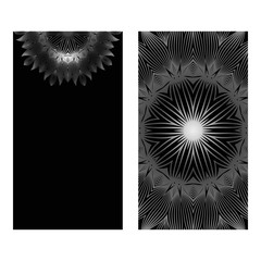 Vintage Cards With Floral Mandala Pattern. Vector Template. The Front And Rear Side. Black silver color