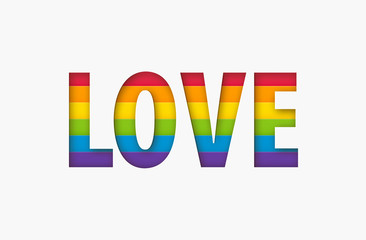 Love word lgbt sign rainbow color stripe. Pride flag Paper cut love text letters shape Concept. Vector