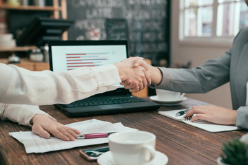 Close up shot of unrecognizable business partners women shaking hands as sign of successful...