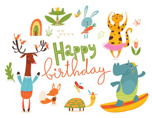 Happy birthday card or poster with happy wild animals. 