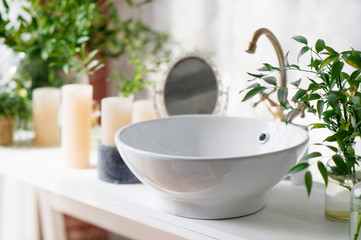 Fototapeta na wymiar Element of the modern bathroom. The washbasin is decorated with indoor plants.