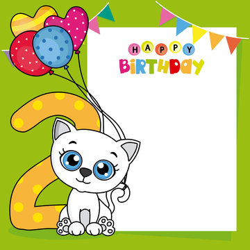 Happy birthday card. Cat with balloons and the number two. Space for photo or text
