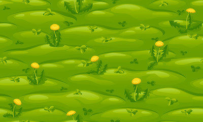 Seamless green lawn with yellow dandelions, vector cartoon background.