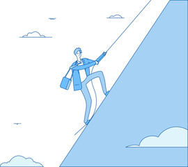 Businessman climbing mountain. Leader with rope climbs on peak. Finance profit, successful man leadership business vector concept. Leader of businessman, climbing up to achievement illustration