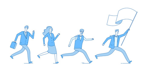 People running with flag. Business persons following leader leading office team. Leadership entrepreneurship vector concept. Illustration of teamwork people running with flag