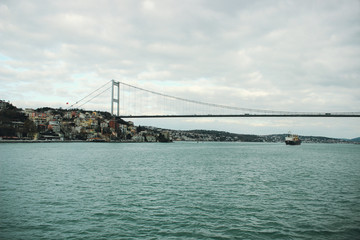 Bosphorus Strait. View of the bridge and the Bosphorus Strait from the ferry. Turkey, Istanbul.