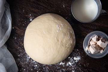 Dough preparation recipe bread, pizza or pie ingridients, food flat lay on kitchen table background