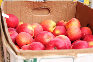 Fresh fruit in boxes. Market on the street. Red  apples. 