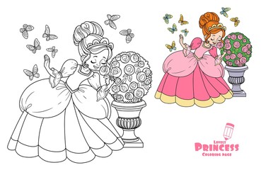 Beautiful princess sniffs a rose flower and butterflies flutter around color and outlined for coloring book isolated on white background