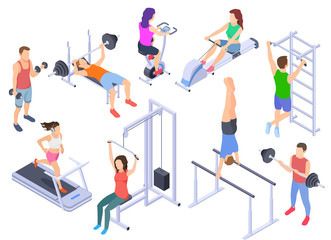 Gym isometric. Fitness people training, physical workout exercise. Young human coach, sports equipment 3d vector characters isolated. Illustration of fitness body isometric, gym activity exercise