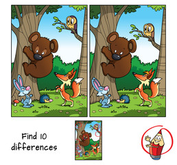 Animals in the forest. Teddy bear, fox, hare, hedgehog and owl. Find 10 differences. Educational matching game for children. Cartoon vector illustration