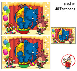 Circus show with an elephant, monkey, hippo on bicycle, and clown. Find 10 differences. Educational matching game for children. Cartoon vector illustration