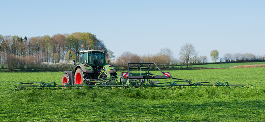 Landwirtschaftlicher Trecker kehrt Gras für die Heuernte © Natascha