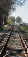 Fototapeta na wymiar Lange Eisenbahnschiene erstreckt sich in Richtung Horizont 
