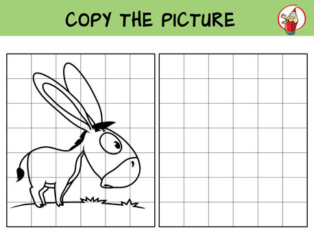 Funny little donkey. Copy the picture. Coloring book. Educational game for children. Cartoon vector illustration