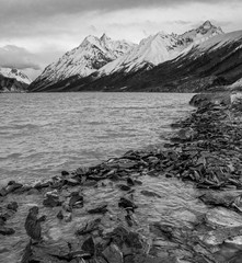Black and white photo of Ranwu Lake, Tibet, China