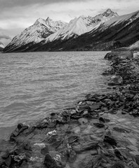 Black and white photo of Ranwu Lake, Tibet, China
