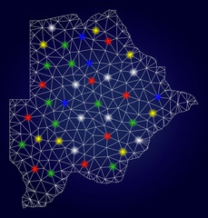 Bright mesh vector Botswana map with glowing light spots. Carcass model for political posters. Abstract lines, dots, light spots are organized into Botswana map. Dark blue gradiented background.