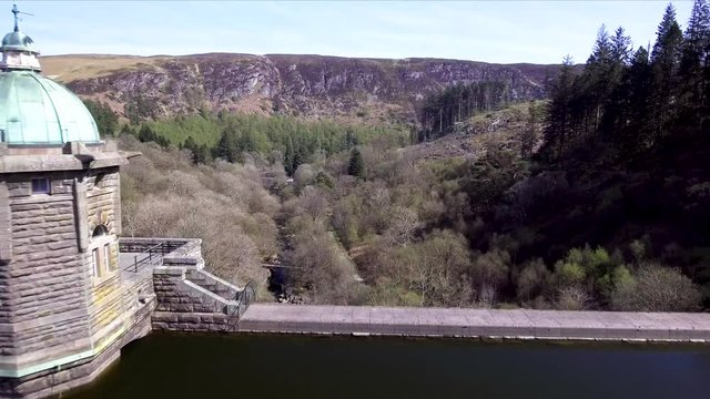 Pen-y-garreg dam, often regarded as the 'middle dam' of the Elan Valley reservoirs in Wales, UK.