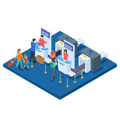 Airport check-in desk, passengers and bags isometric vector concept. Illustration of flight check-in luggage