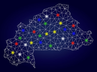 Glossy mesh vector Burkina Faso map with glowing light spots. Lowpoly model for patriotic posters. Abstract lines, dots, light spots are organized into Burkina Faso map.