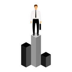 Market share business concept. Businessman with briefcase standing on column chart. Economic financial share profit. Vector illustration in flat design.