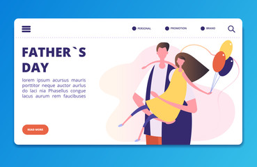 Fathers Day vector landing page template with cartoon father and daughter. Illustration of landing page, man with daughter, father day