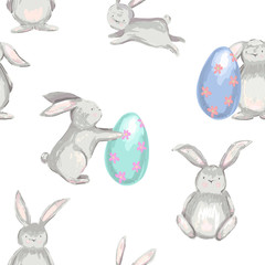  Easter party seamless pattern with eggs, rabbit. Spring celebration poster. Vector illustration. Watercolor style