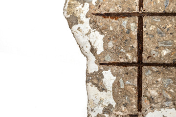 Construction concept background, damaged wall with rusty steel in crack cement wall