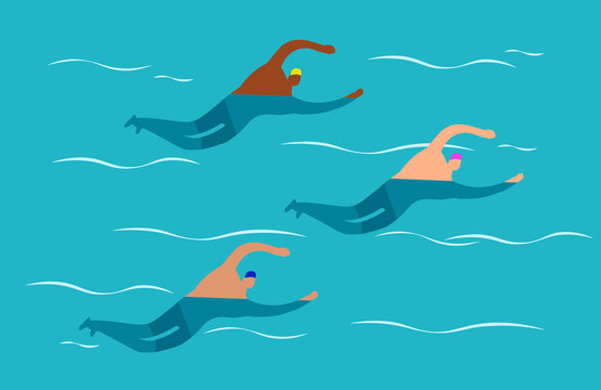Open water swimming competitions - mens group swimming vector illustration. Men swimming, swimmer activity ocean or sea