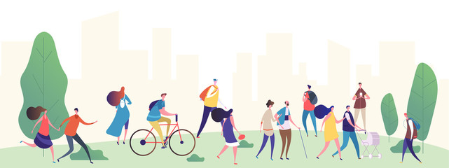 People walk in the city park vector illustration. Park city with, people, summer walking and ride by bicycle - obrazy, fototapety, plakaty