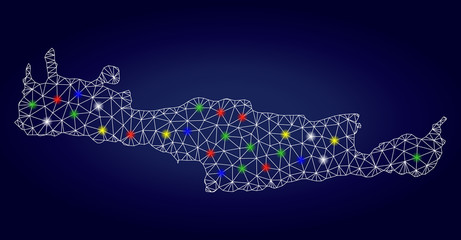 Glossy mesh vector Crete Island map with glowing light spots. Carcass model for political illustrations. Abstract lines, dots, light spots are organized into Crete Island map.