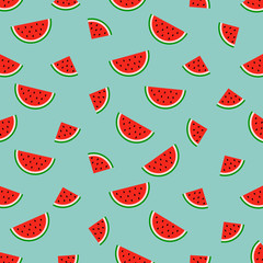 Materiał do szycia Seamless watermelon pattern. Vector summer background with watercolor watermelon slices.
