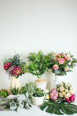 Various artificial flowers, bouquets in vases, succulents