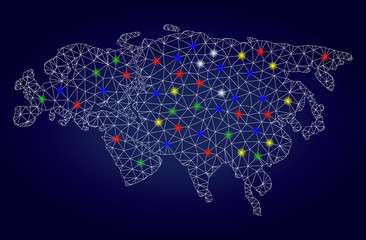 Bright mesh vector Europe and Asia map with glowing light spots. Lowpoly model for political purposes. Abstract lines, dots, glare spots are organized into Europe and Asia map.