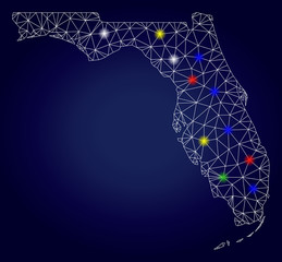 Bright mesh vector Florida map with glow light spots. Carcass model for political posters. Abstract lines, dots, flash spots are organized into Florida map. Dark blue gradiented background.
