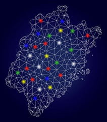 Bright mesh vector Fujian Province map with glow light spots. Carcass model for political templates. Abstract lines, dots, light spots are organized into Fujian Province map.