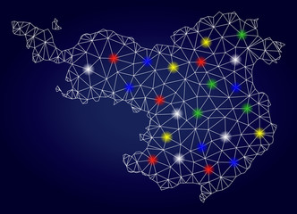 Glamour mesh vector Gerona Province map with glowing light spots. Carcass model for political templates. Abstract lines, dots, light spots are organized into Gerona Province map.
