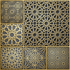 Islamic ornament vector , persian motiff . 3d ramadan islamic round pattern elements . Geometric circular ornamental arabic symbol vector . Gold background