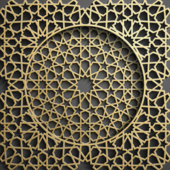 Islamic ornament vector , persian motiff . 3d ramadan islamic round pattern elements . Geometric circular ornamental arabic symbol vector . Gold background